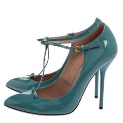 Pre Owned حذاء كعب عالى غوتشى سير حرف تى جلد لامع أزرق مقاس 37