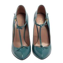 Pre Owned حذاء كعب عالى غوتشى سير حرف تى جلد لامع أزرق مقاس 37