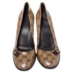 Pre Owned Gucci Brown/Beige GG Crystal Canvas Bow Round Toe Pumps Size 39