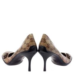 Pre Owned Gucci Brown/Beige GG Crystal Canvas Bow Round Toe Pumps Size 39