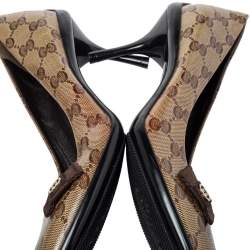 Pre Owned Gucci Brown/Beige GG Crystal Canvas Bow Round Toe Pumps Size 39