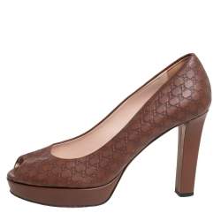 Pre Owned Gucci Brown Microguccissima Leather Peep Toe Platform Pumps Size 38.5
