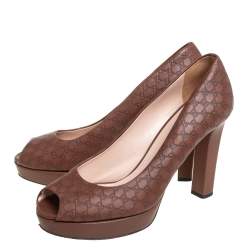 Pre Owned Gucci Brown Microguccissima Leather Peep Toe Platform Pumps Size 38.5
