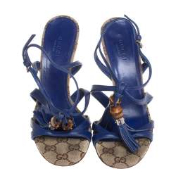 Gucci Blue Leather Bamboo Tassel Open Toe Ankle Strap Sandals Size 35.5 