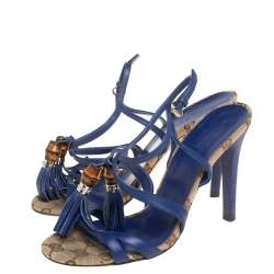 Gucci Blue Leather Bamboo Tassel Open Toe Ankle Strap Sandals Size 35.5 