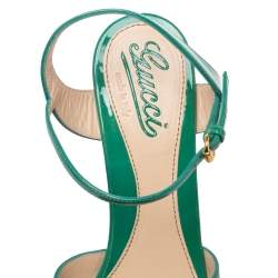 مملوكة مسبقًا Gucci Green Patent Leather Ankle Strap Wooden Platform Sandals Size 37.5