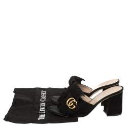 Pre Owned Gucci Black Suede GG Marmont Fringe Slide Sandals Size 39