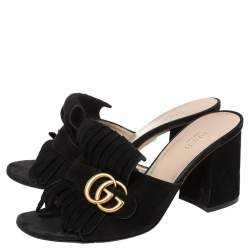 Pre Owned Gucci Black Suede GG Marmont Fringe Slide Sandals Size 39
