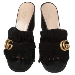 Pre Owned Gucci Black Suede GG Marmont Fringe Slide Sandals Size 39