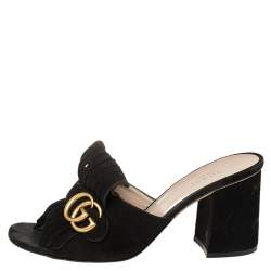 Pre Owned Gucci Black Suede GG Marmont Fringe Slide Sandals Size 39