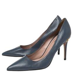 Pre Owned Gucci Blue Leather Adina Horsebit Pointed Toe Pumps Size 36