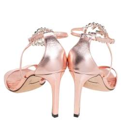 Pre Owned Gucci Rose Gold Leather Crystal Embellished GG Logo Ankle Strap Sandals Size 38.5
