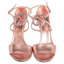 Pre Owned Gucci Rose Gold Leather Crystal Embellished GG Logo Ankle Strap Sandals Size 38.5
