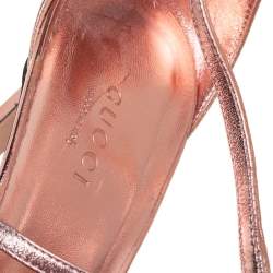 Pre Owned Gucci Rose Gold Leather Crystal Embellished GG Logo Ankle Strap Sandals Size 38.5