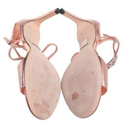Pre Owned Gucci Rose Gold Leather Crystal Embellished GG Logo Ankle Strap Sandals Size 38.5
