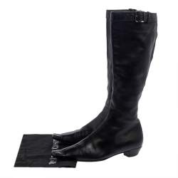 Pre Owned Gucci Black Leather Buckle Detail Square Toe Mid Calf Boots Size 37