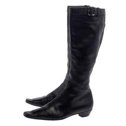 Pre Owned Gucci Black Leather Buckle Detail Square Toe Mid Calf Boots Size 37