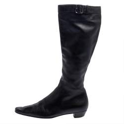 Pre Owned Gucci Black Leather Buckle Detail Square Toe Mid Calf Boots Size 37