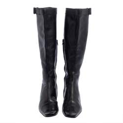Pre Owned Gucci Black Leather Buckle Detail Square Toe Mid Calf Boots Size 37