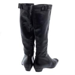 Pre Owned Gucci Black Leather Buckle Detail Square Toe Mid Calf Boots Size 37