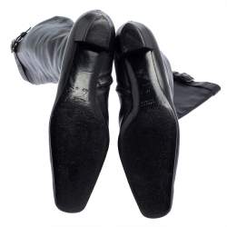 Pre Owned Gucci Black Leather Buckle Detail Square Toe Mid Calf Boots Size 37