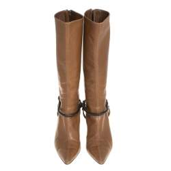 Pre Owned Gucci Brown Leather Mid Calf Signature Horsebit Boots Size 36