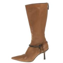Pre Owned Gucci Brown Leather Mid Calf Signature Horsebit Boots Size 36
