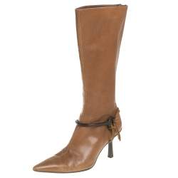 Pre Owned Gucci Brown Leather Mid Calf Signature Horsebit Boots Size 36