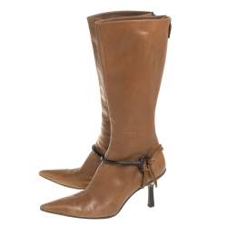 Pre Owned Gucci Brown Leather Mid Calf Signature Horsebit Boots Size 36