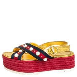 Pre Owned Gucci Multicolor Leather And Canvas Web Line And Pear Studded Wedge Sandals Size 38