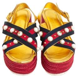 Pre Owned Gucci Multicolor Leather And Canvas Web Line And Pear Studded Wedge Sandals Size 38