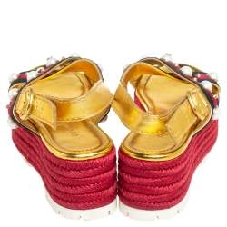 Pre Owned Gucci Multicolor Leather And Canvas Web Line And Pear Studded Wedge Sandals Size 38