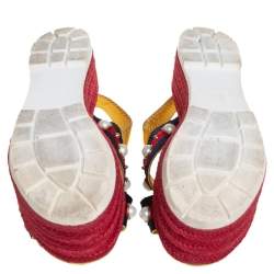 Pre Owned Gucci Multicolor Leather And Canvas Web Line And Pear Studded Wedge Sandals Size 38
