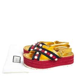 Pre Owned Gucci Multicolor Leather And Canvas Web Line And Pear Studded Wedge Sandals Size 38