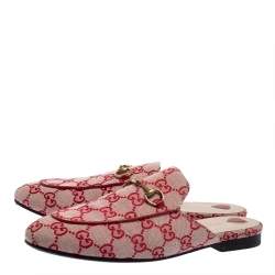مملوكة مسبقًا Gucci White/Red GG Canvas Princetown Flat Mules Size 39.5