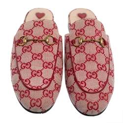 مملوكة مسبقًا Gucci White/Red GG Canvas Princetown Flat Mules Size 39.5