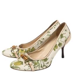 مملوكة مسبقًا حذاء كعب عالي غوتشي هورسبيت بامبو كانفاس وجلد أبيض مورد مقاس 41