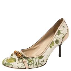 مملوكة مسبقًا حذاء كعب عالي غوتشي هورسبيت بامبو كانفاس وجلد أبيض مورد مقاس 41