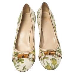 مملوكة مسبقًا حذاء كعب عالي غوتشي هورسبيت بامبو كانفاس وجلد أبيض مورد مقاس 41