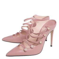 مملوكة مسبقًا Gucci Pink Leather Aneta Strappy Pointed Toe Mules Size 35