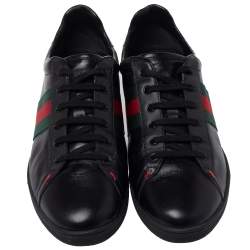 مملوكة مسبقًا Gucci Black Leather Web Ace Low Top Sneaker Size  39