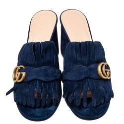 مملوكة مسبقًا Gucci Navy Blue Suede GG Marmont Fringe Slide Sandals Size 40.5