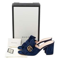 مملوكة مسبقًا Gucci Navy Blue Suede GG Marmont Fringe Slide Sandals Size 40.5