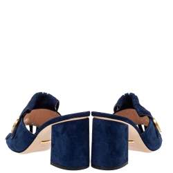 مملوكة مسبقًا Gucci Navy Blue Suede GG Marmont Fringe Slide Sandals Size 40.5