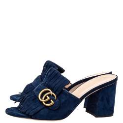 مملوكة مسبقًا Gucci Navy Blue Suede GG Marmont Fringe Slide Sandals Size 40.5