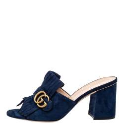 مملوكة مسبقًا Gucci Navy Blue Suede GG Marmont Fringe Slide Sandals Size 40.5