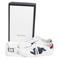 Pre Owned Gucci White Leather Crystal Embellished Snake Python Trim Web Detail Ace Low Top Sneakers Size 36
