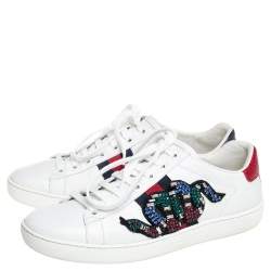 Pre Owned Gucci White Leather Crystal Embellished Snake Python Trim Web Detail Ace Low Top Sneakers Size 36