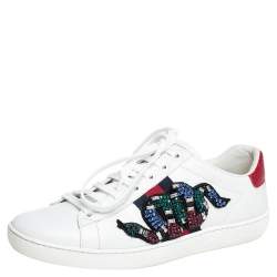 Pre Owned Gucci White Leather Crystal Embellished Snake Python Trim Web Detail Ace Low Top Sneakers Size 36