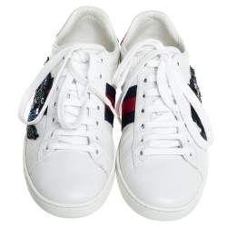 Pre Owned Gucci White Leather Crystal Embellished Snake Python Trim Web Detail Ace Low Top Sneakers Size 36